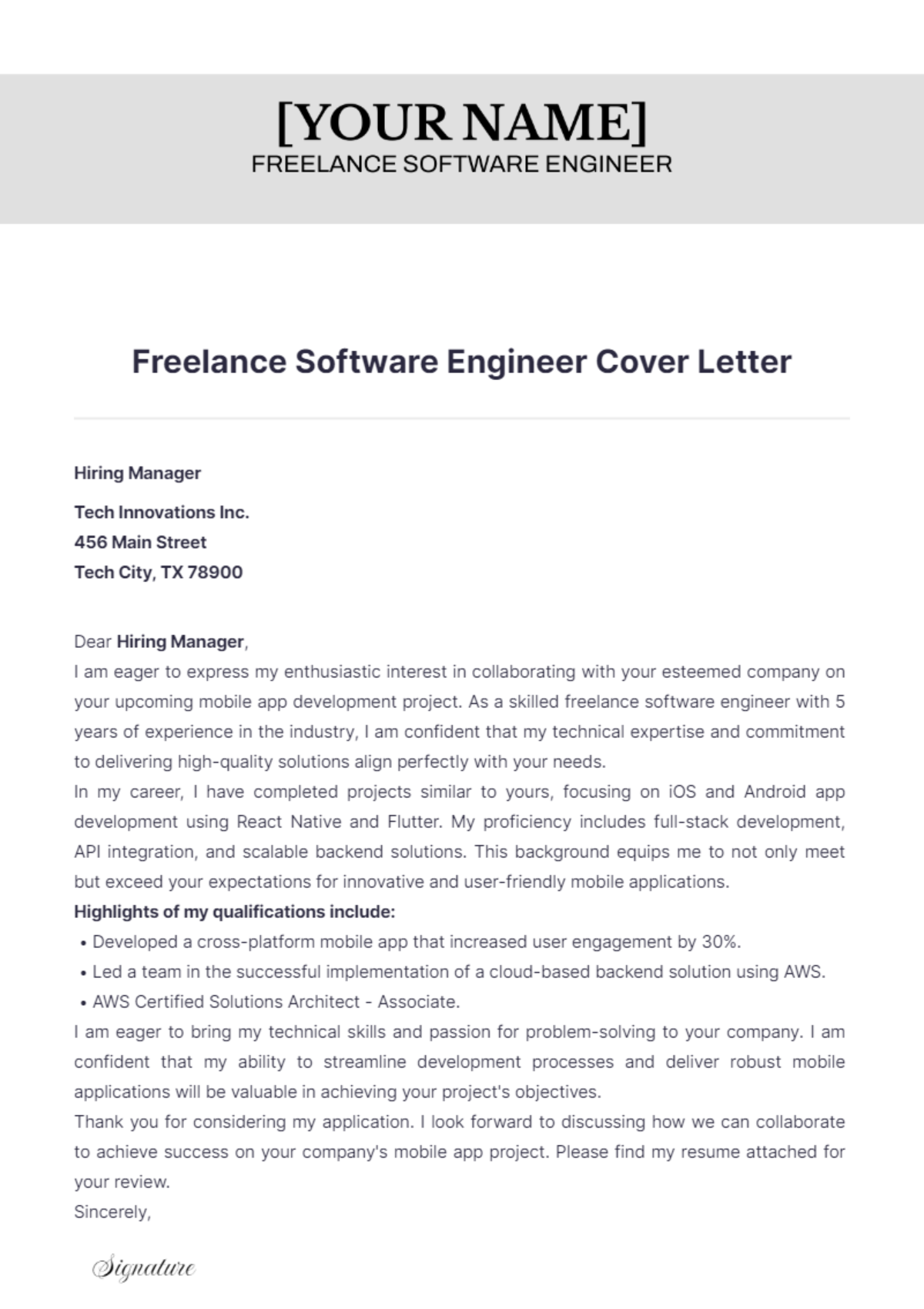 Freelance Software Engineer Cover Letter