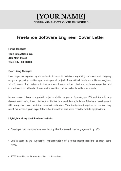 Free Freelance Software Engineer Cover Letter to Edit Online
