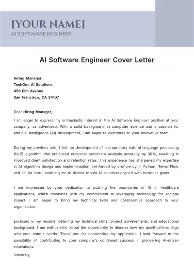 Free AI Software Engineer Cover Letter to Edit Online