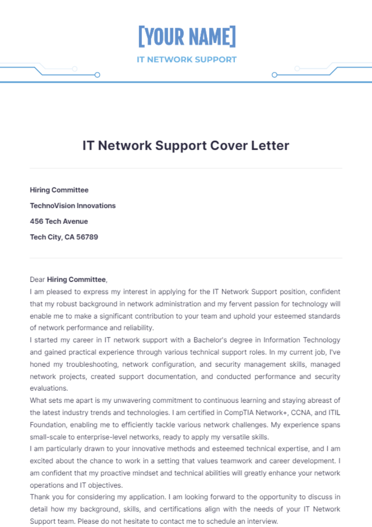 IT Network Support Cover Letter - Edit Online & Download