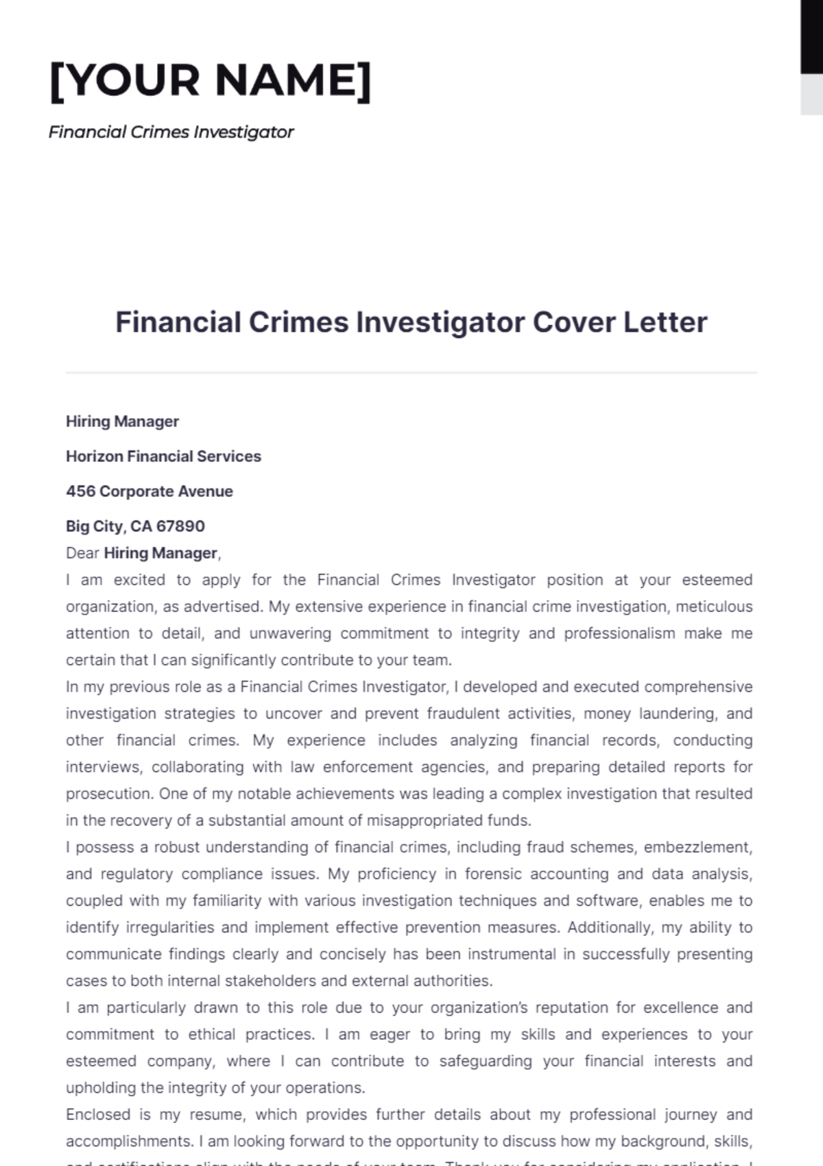 Financial Crimes Investigator Cover Letter - Edit Online & Download