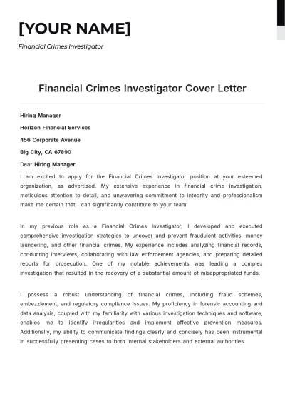 Free Financial Crimes Investigator Cover Letter to Edit Online