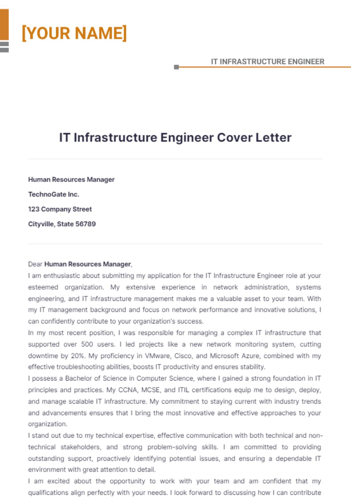 IT Infrastructure Engineer Cover Letter - Edit Online & Download