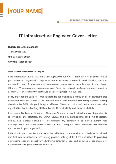 Free IT Infrastructure Engineer Cover Letter to Edit Online