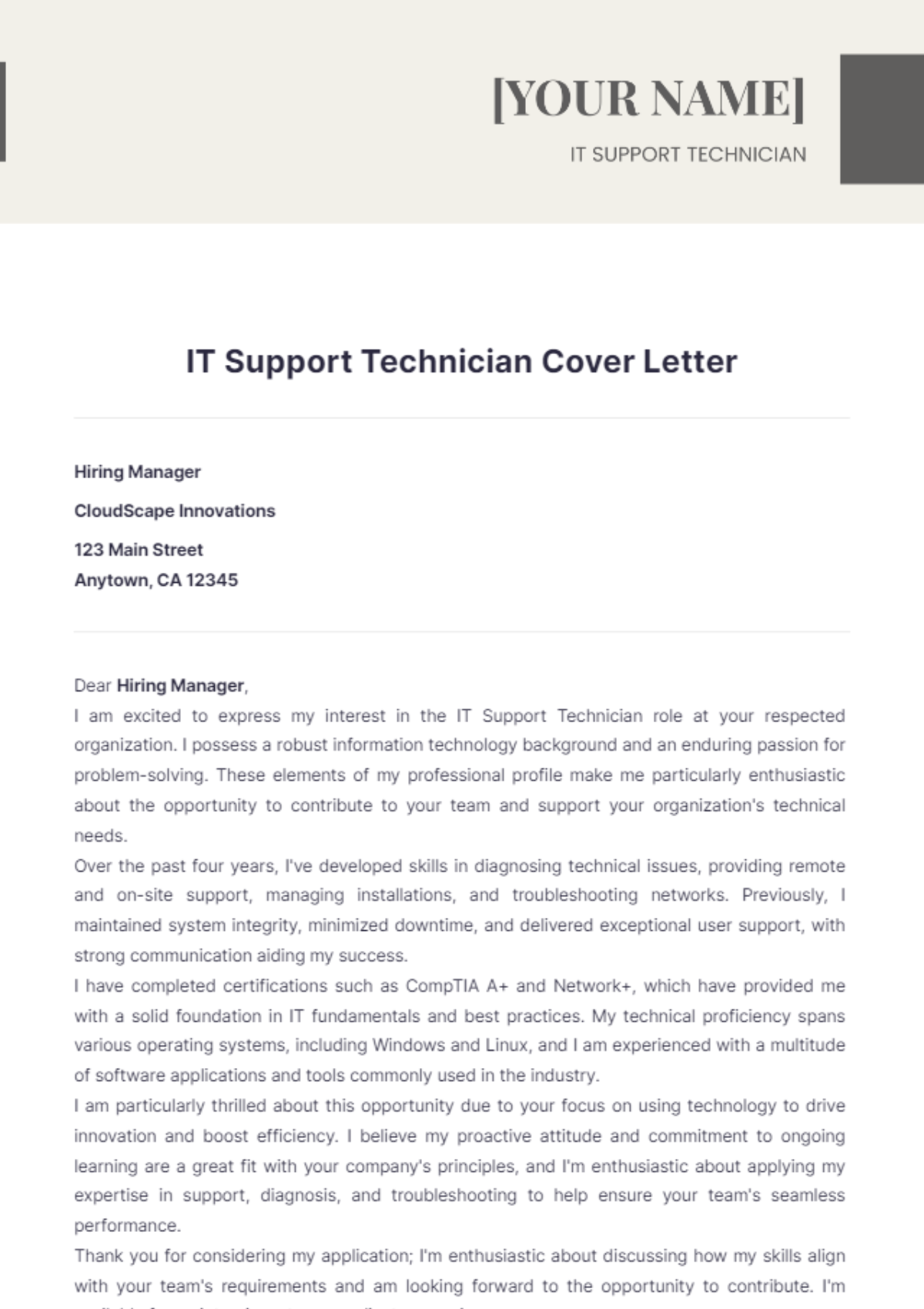 IT Support Technician Cover Letter - Edit Online & Download