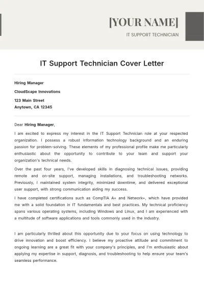 Free IT Support Technician Cover Letter to Edit Online