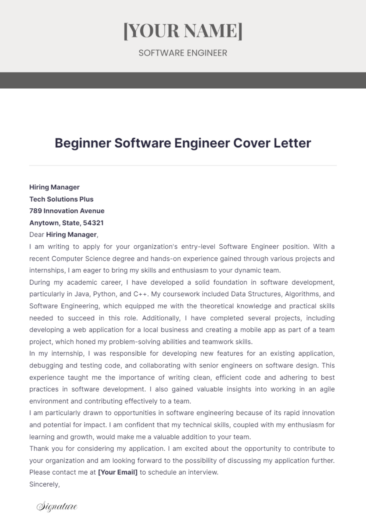 Beginner Software Engineer Cover Letter - Edit Online & Download