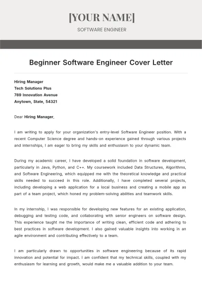Free Beginner Software Engineer Cover Letter to Edit Online