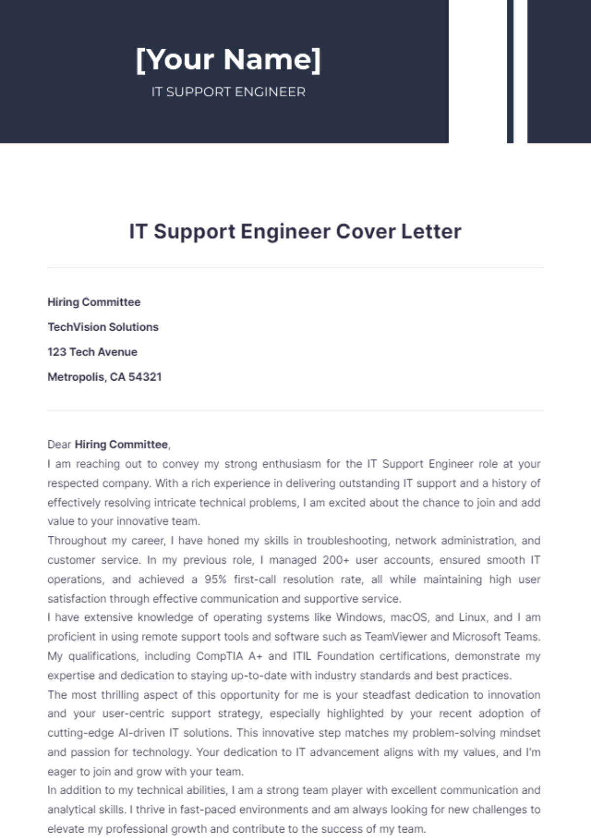 IT Support Engineer Cover Letter - Edit Online & Download