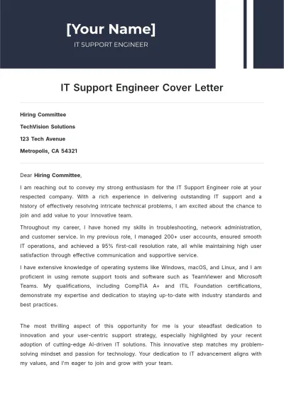Free IT Support Engineer Cover Letter to Edit Online
