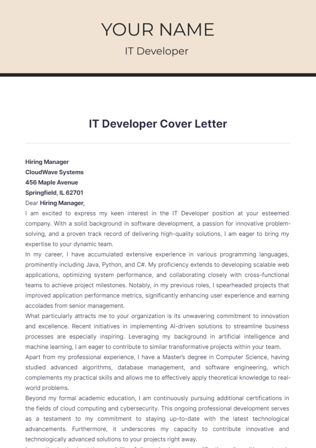 IT Developer Cover Letter - Edit Online & Download