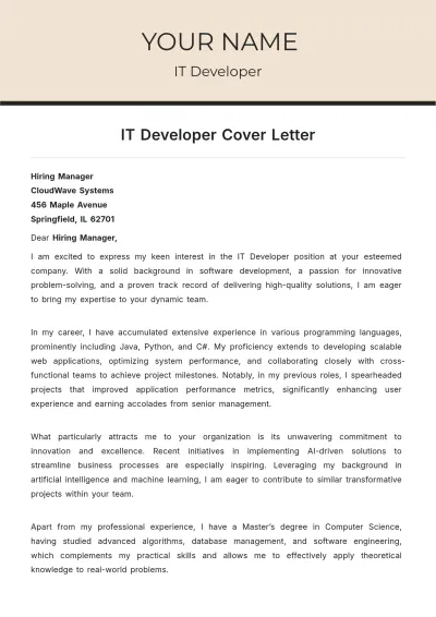 Free IT Developer Cover Letter to Edit Online