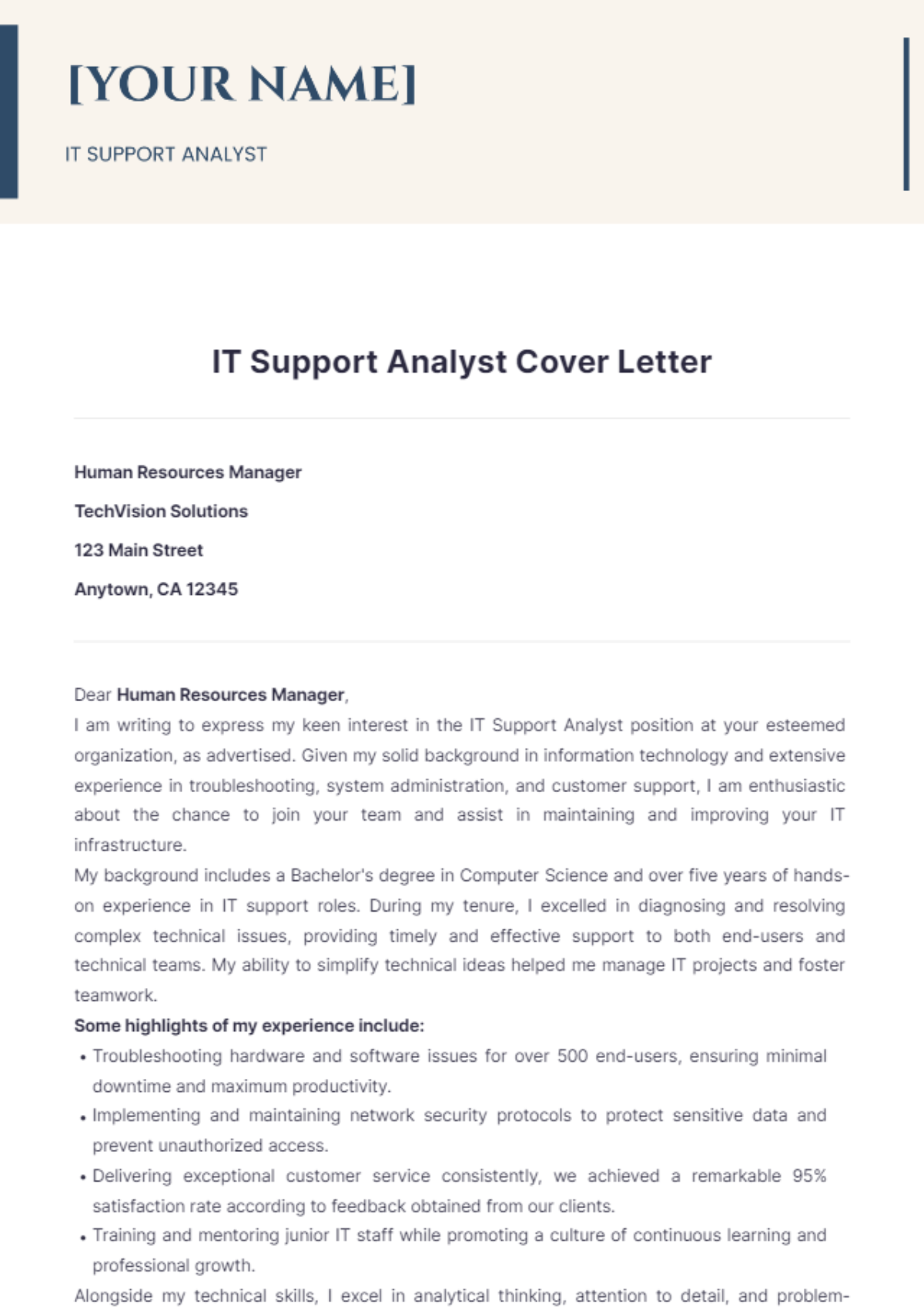 IT Support Analyst Cover Letter - Edit Online & Download