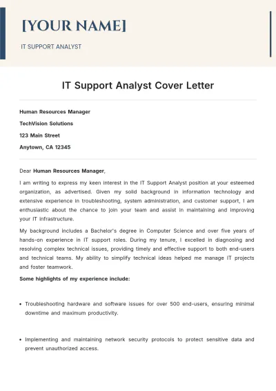 Free IT Support Analyst Cover Letter to Edit Online