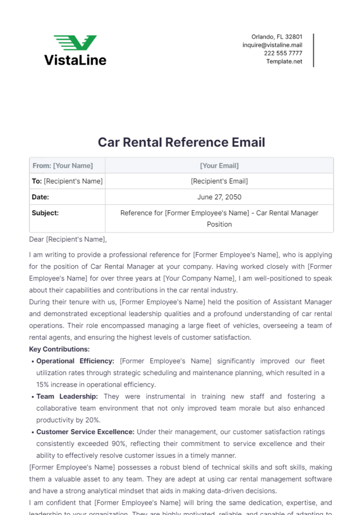 Car Rental Reference Email Template