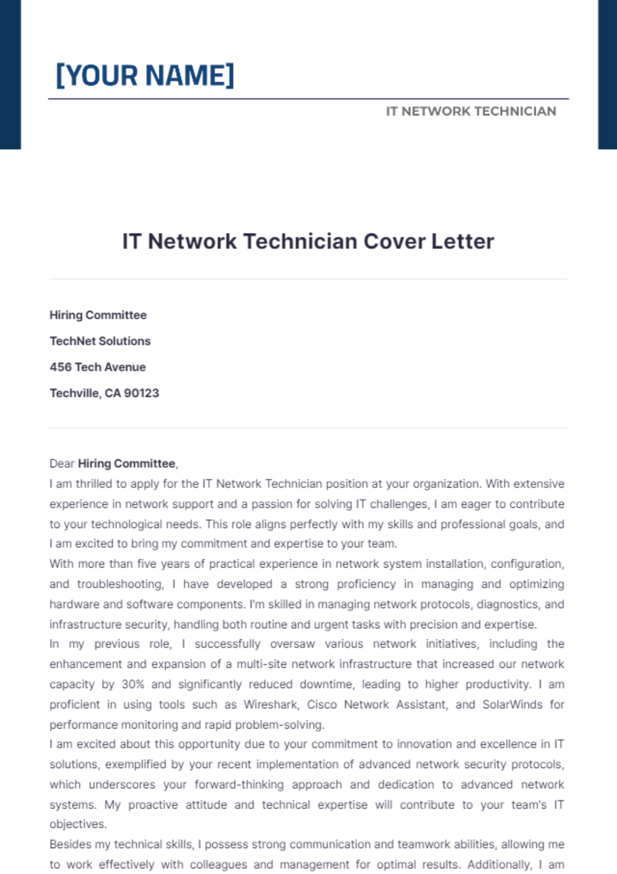 IT Network Technician Cover Letter - Edit Online & Download