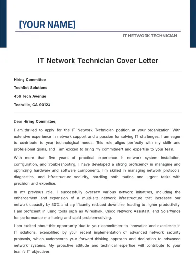 Free IT Network Technician Cover Letter to Edit Online