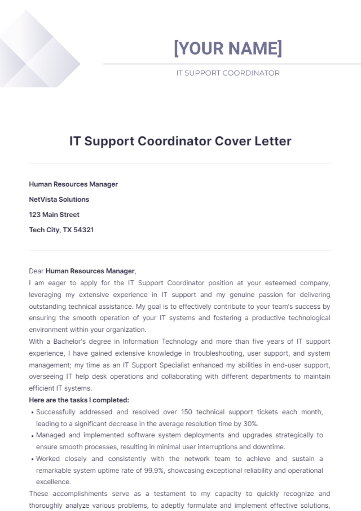 IT Support Coordinator Cover Letter - Edit Online & Download