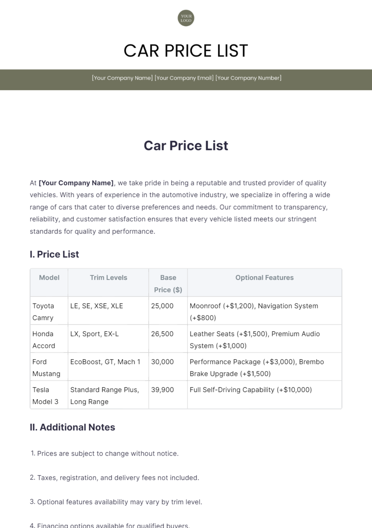 Car Price List Template - Edit Online & Download