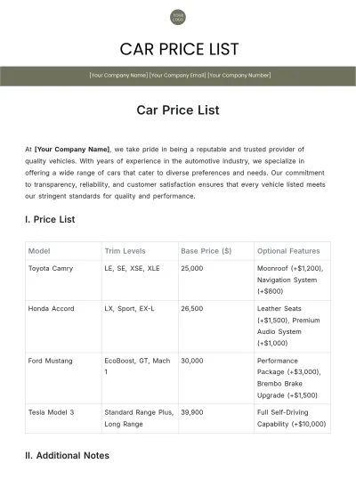 Free Car Price List Template to Edit Online