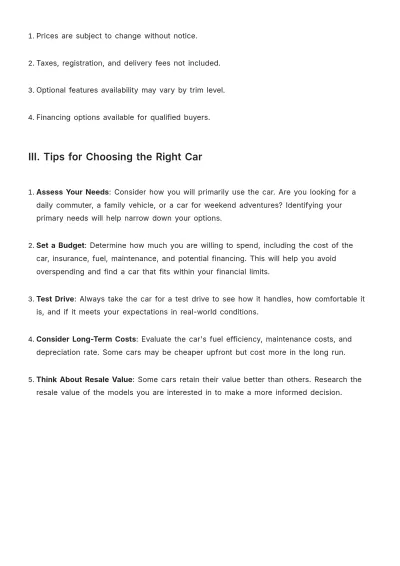 Free Car Price List Template to Edit Online