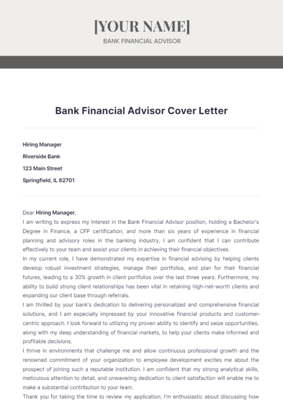 Bank Financial Advisor Cover Letter - Edit Online & Download