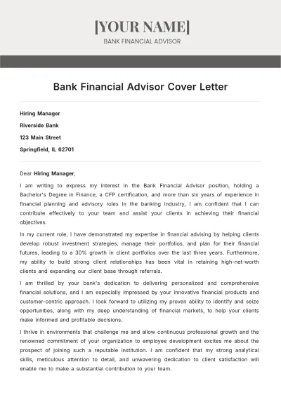 Free Bank Financial Advisor Cover Letter to Edit Online