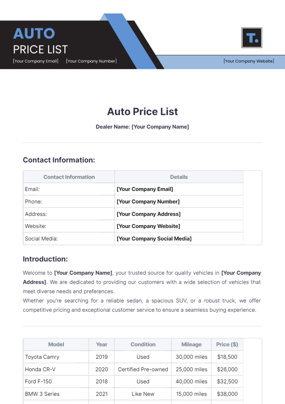 Auto Price List Template - Edit Online & Download