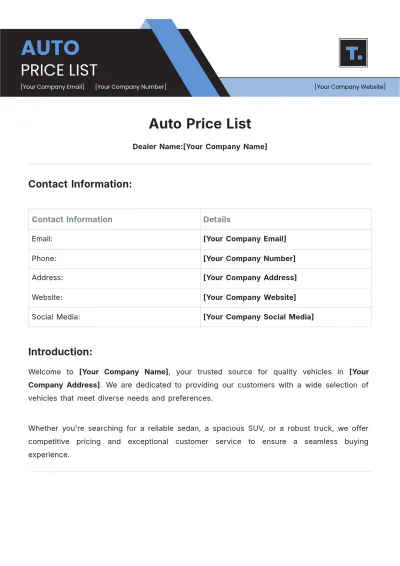Free Auto Price List Template to Edit Online