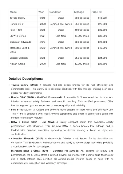 Free Auto Price List Template to Edit Online