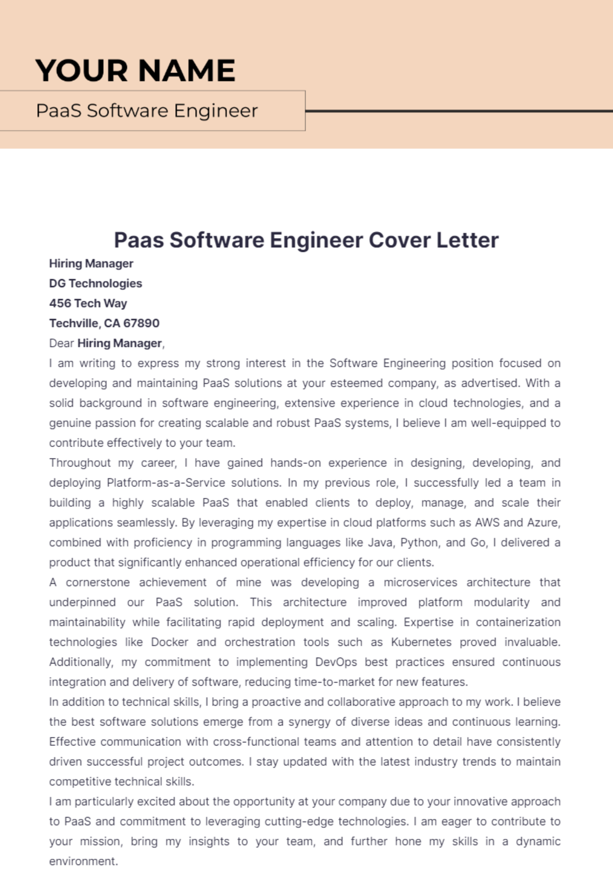 Paas Software Engineer Cover Letter