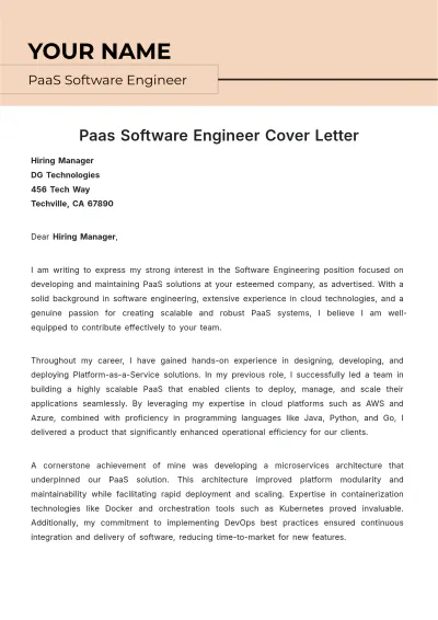 Free Paas Software Engineer Cover Letter to Edit Online