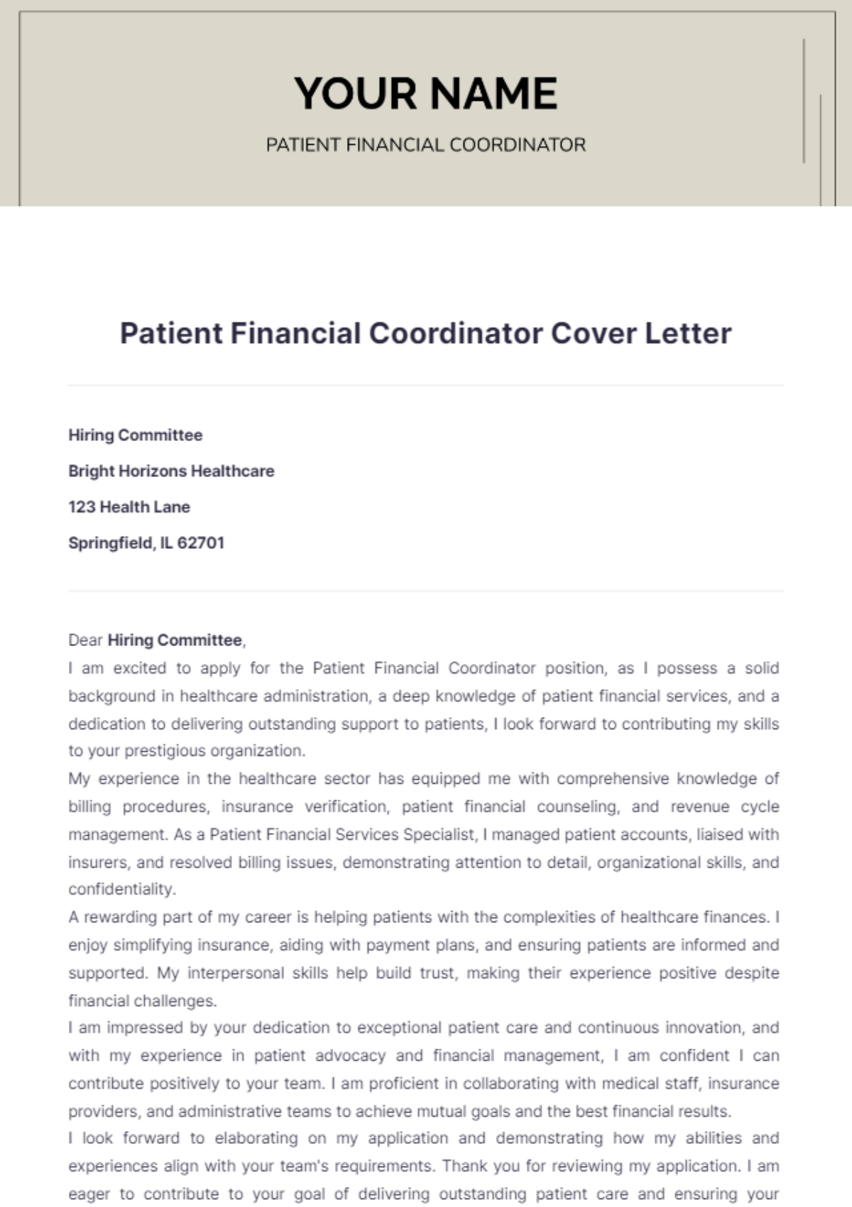 Patient Financial Coordinator Cover Letter - Edit Online & Download