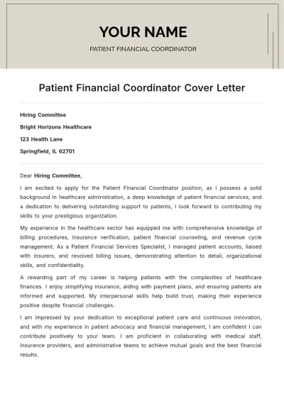 Free Patient Financial Coordinator Cover Letter to Edit Online