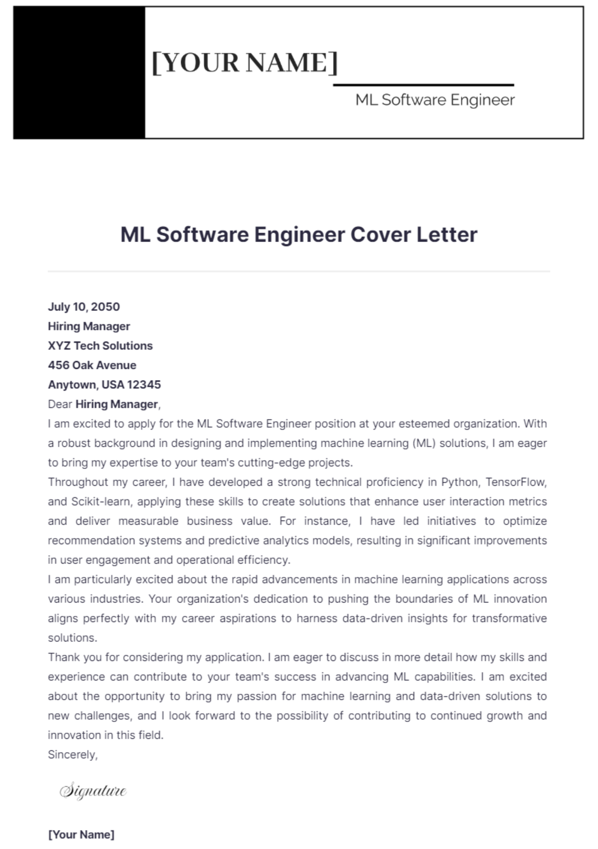 ML Software Engineer Cover Letter