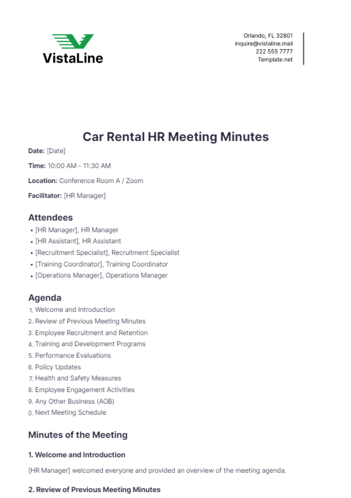 Car Rental HR Meeting Minutes Template - Edit Online & Download