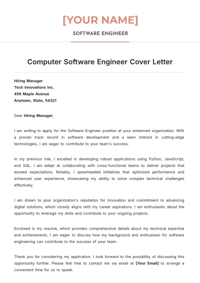 Free Computer Software Engineer Cover Letter to Edit Online