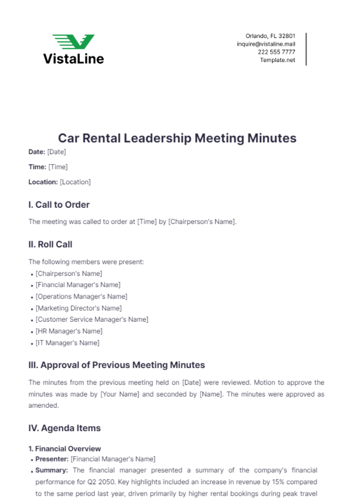 Car Rental Leadership Meeting Minutes Template - Edit Online & Download