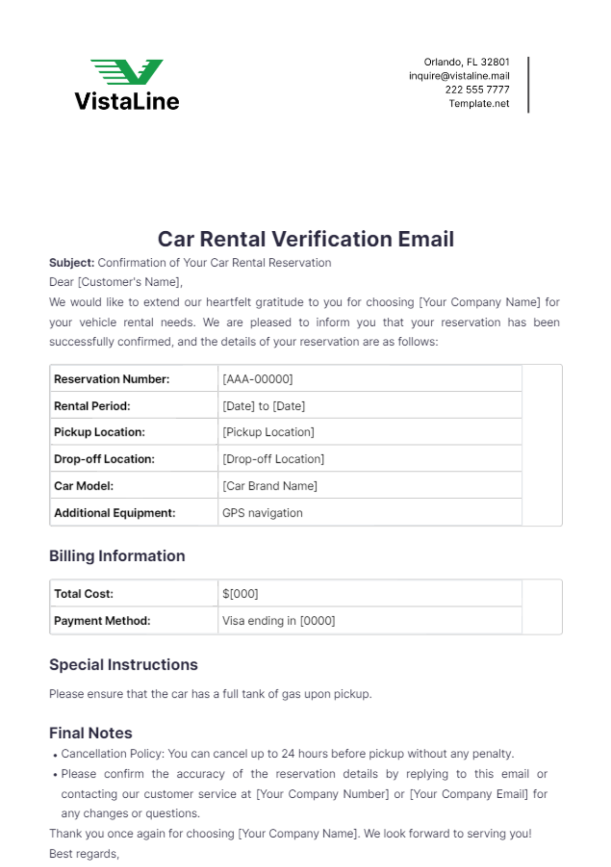 Car Rental Verification Email Template