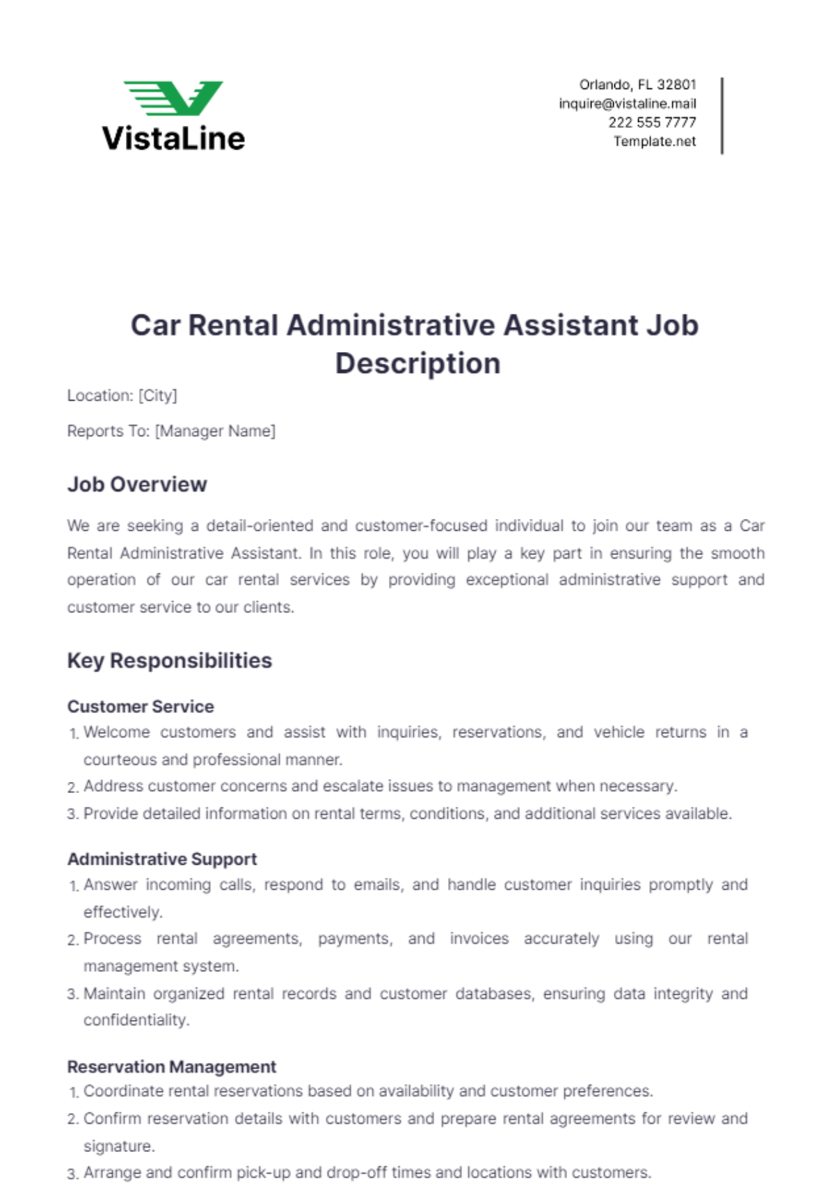 Car Rental Administrative Assistant Job Description Template - Edit Online & Download