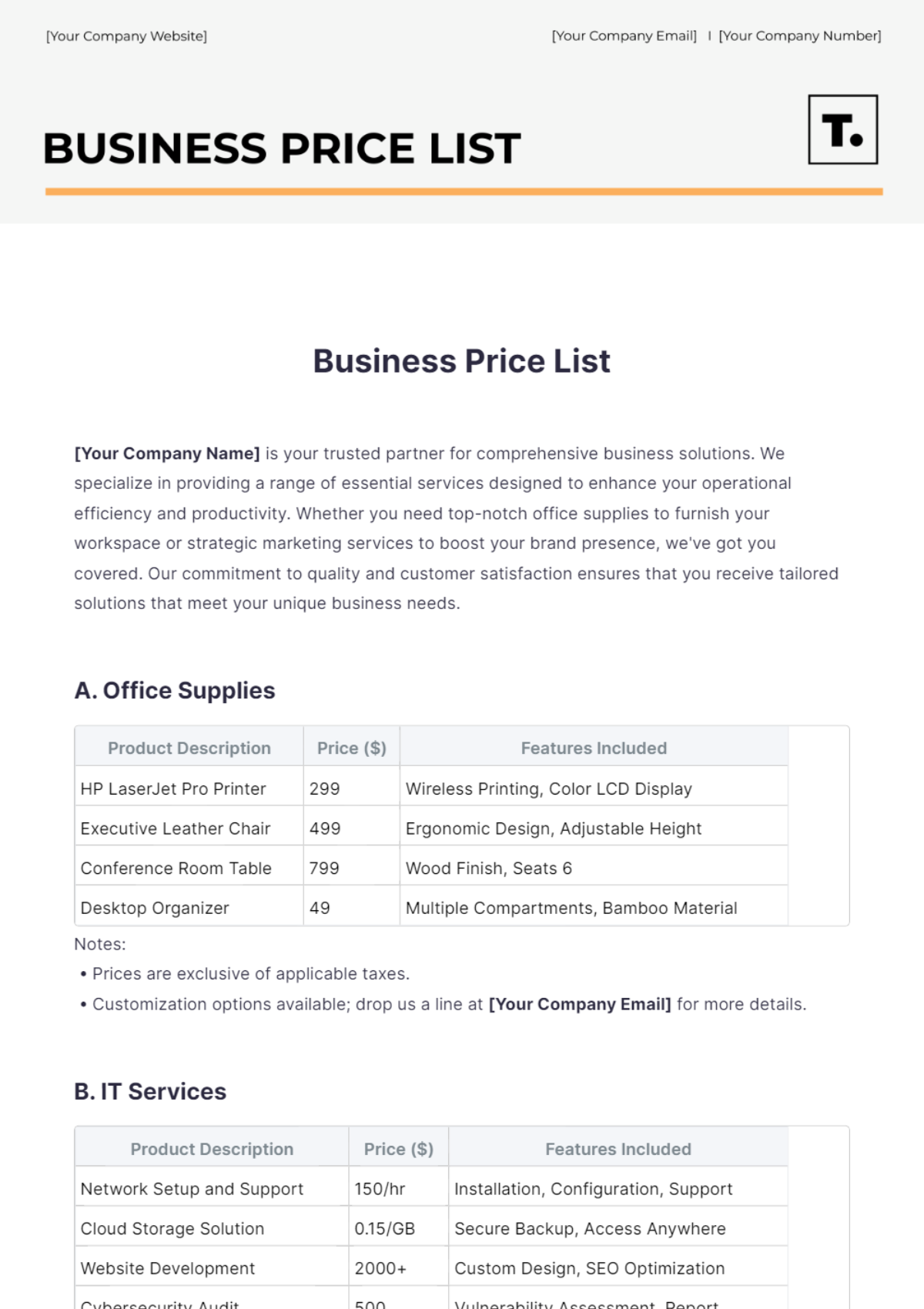 Business Price List Template - Edit Online & Download