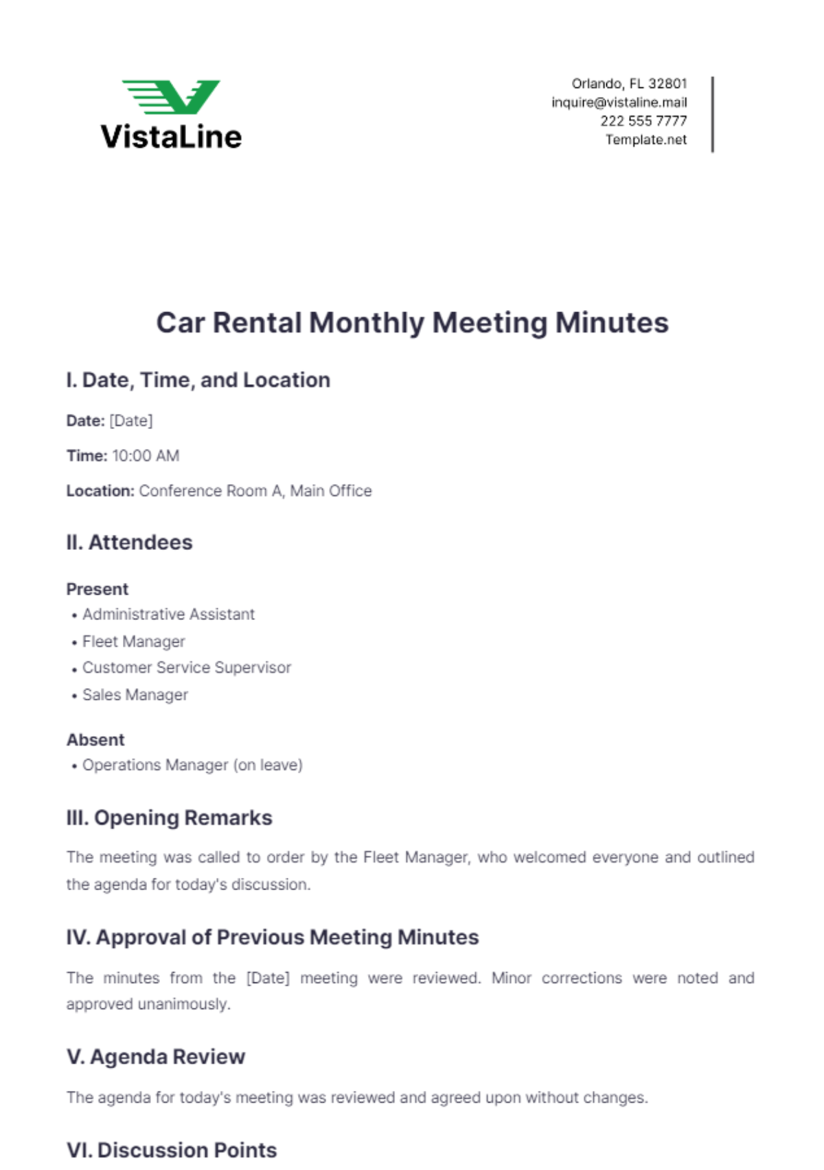 Car Rental Monthly Meeting Minutes Template - Edit Online & Download