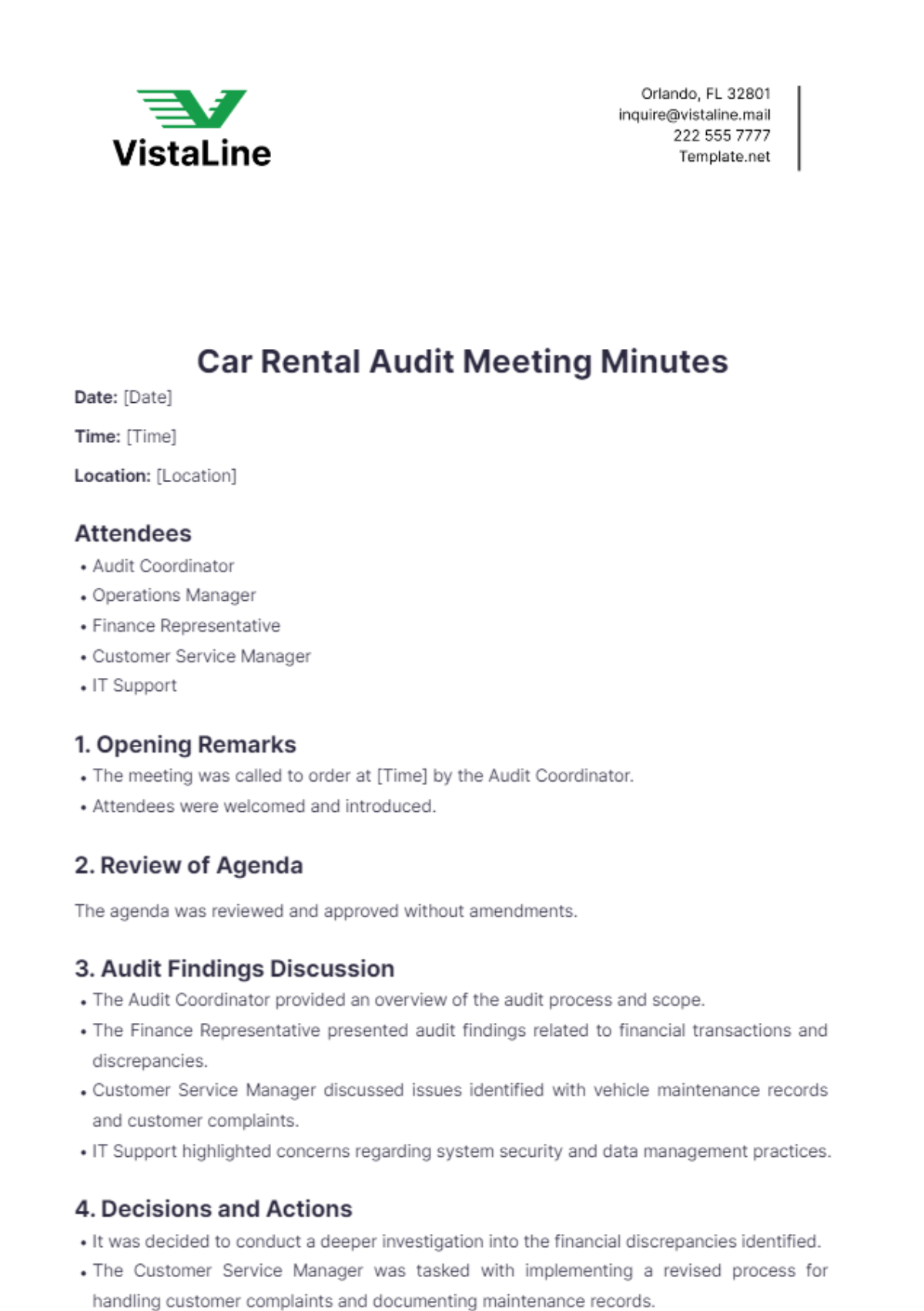 Car Rental Audit Meeting Minutes Template - Edit Online & Download