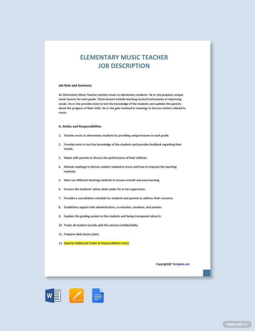 Elementary Music Teacher Job Description Template