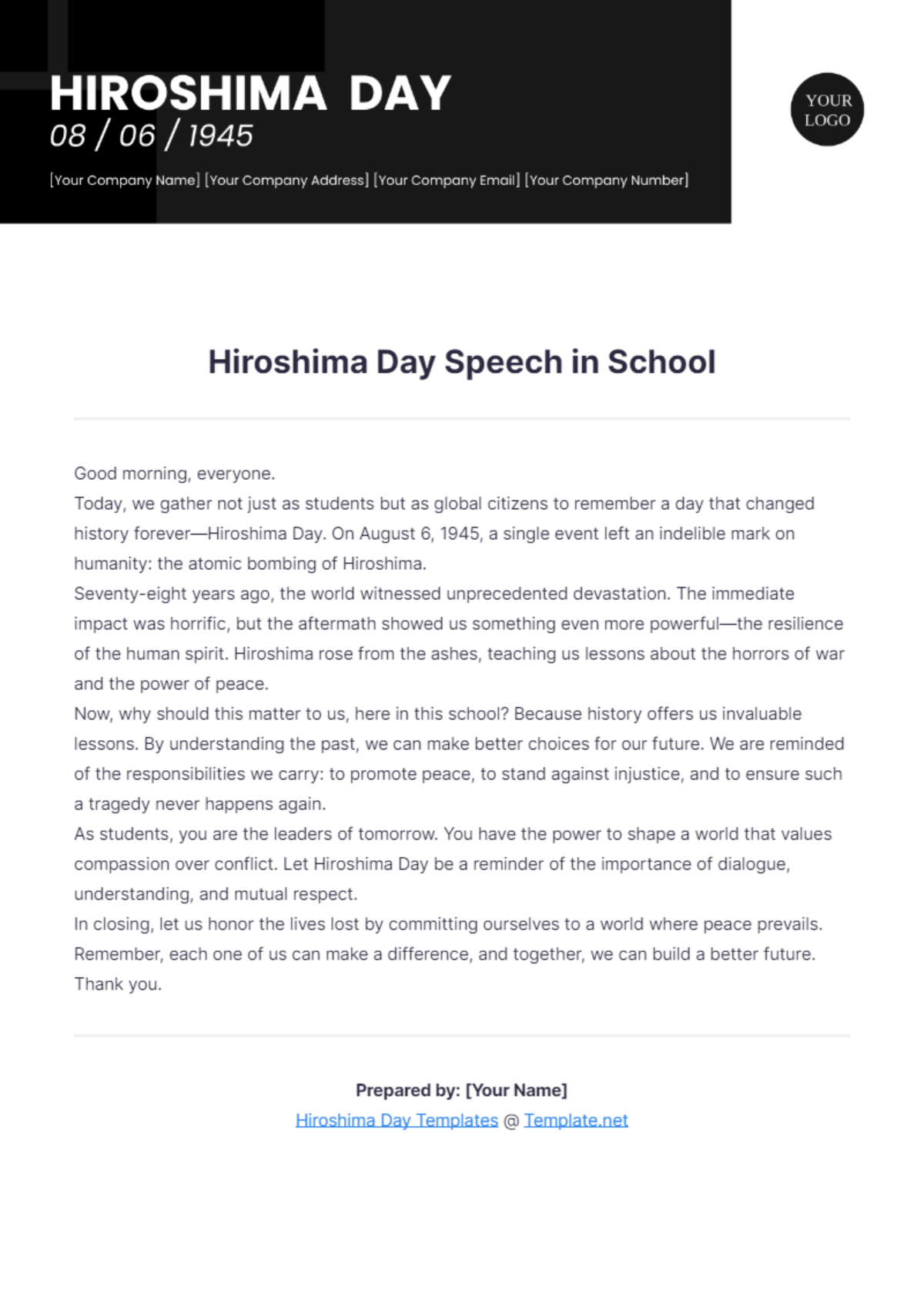 Hiroshima Day Speech in School Template - Edit Online & Download