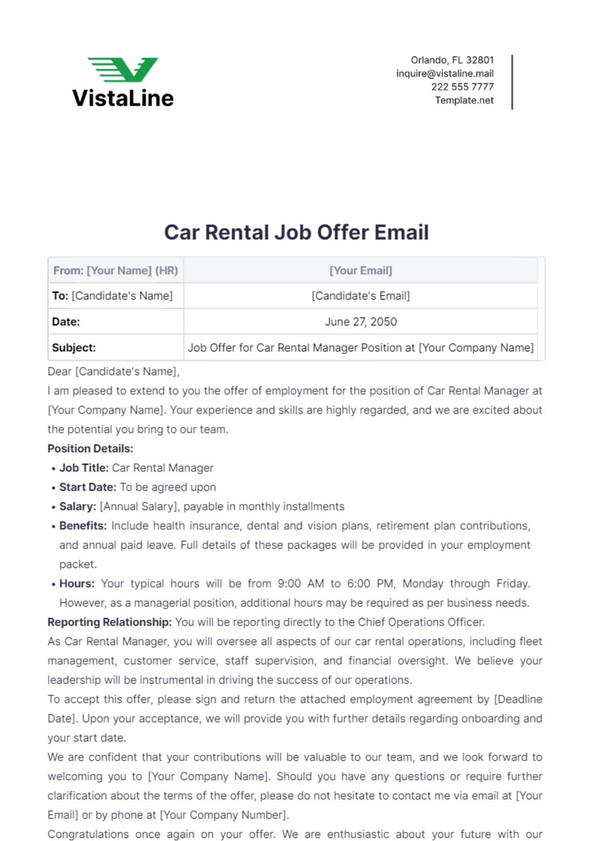 Car Rental Job Offer Email Template