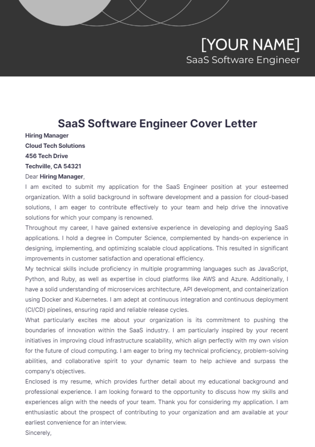 Saas Software Engineer Cover Letter