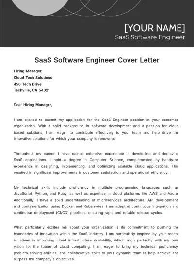 Free Saas Software Engineer Cover Letter to Edit Online