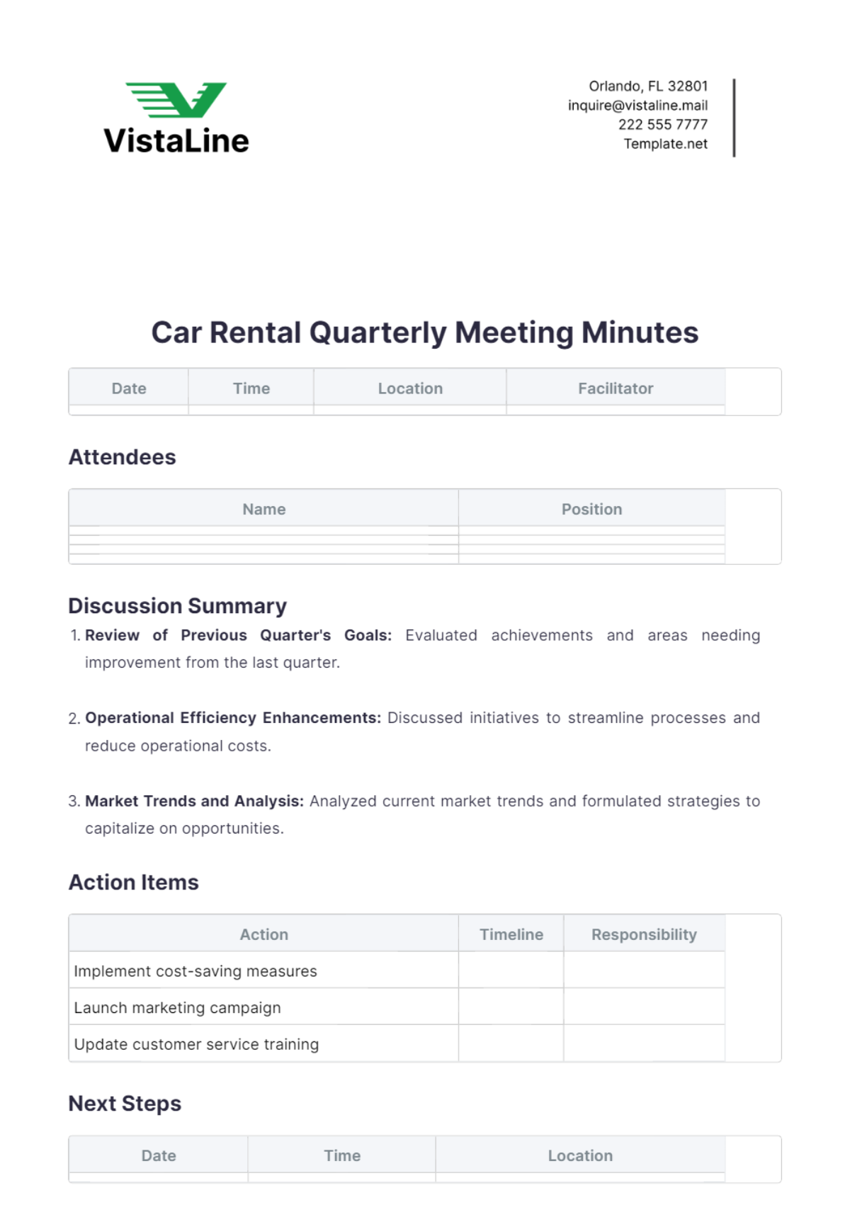 Car Rental Quarterly Meeting Minutes Template - Edit Online & Download