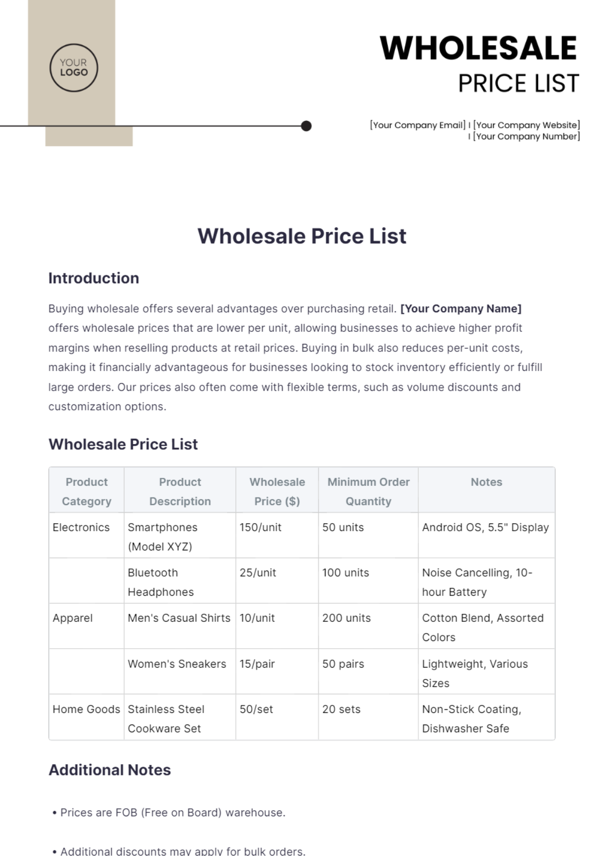 Wholesale Price List Template - Edit Online & Download